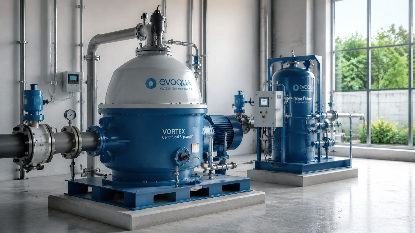 Evoqua industrial centrifugal water separator and filtration system installed in a modern mechanical room facility.