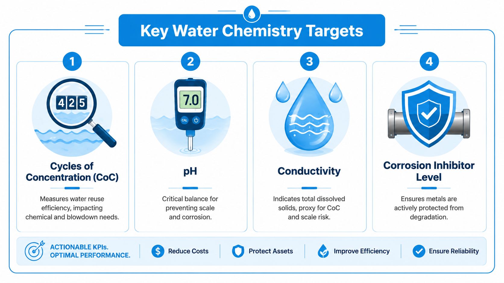 An infographic showing four key water chemistry targets for cooling towers including cycles of concentration, pH, conductivity, and corrosion.