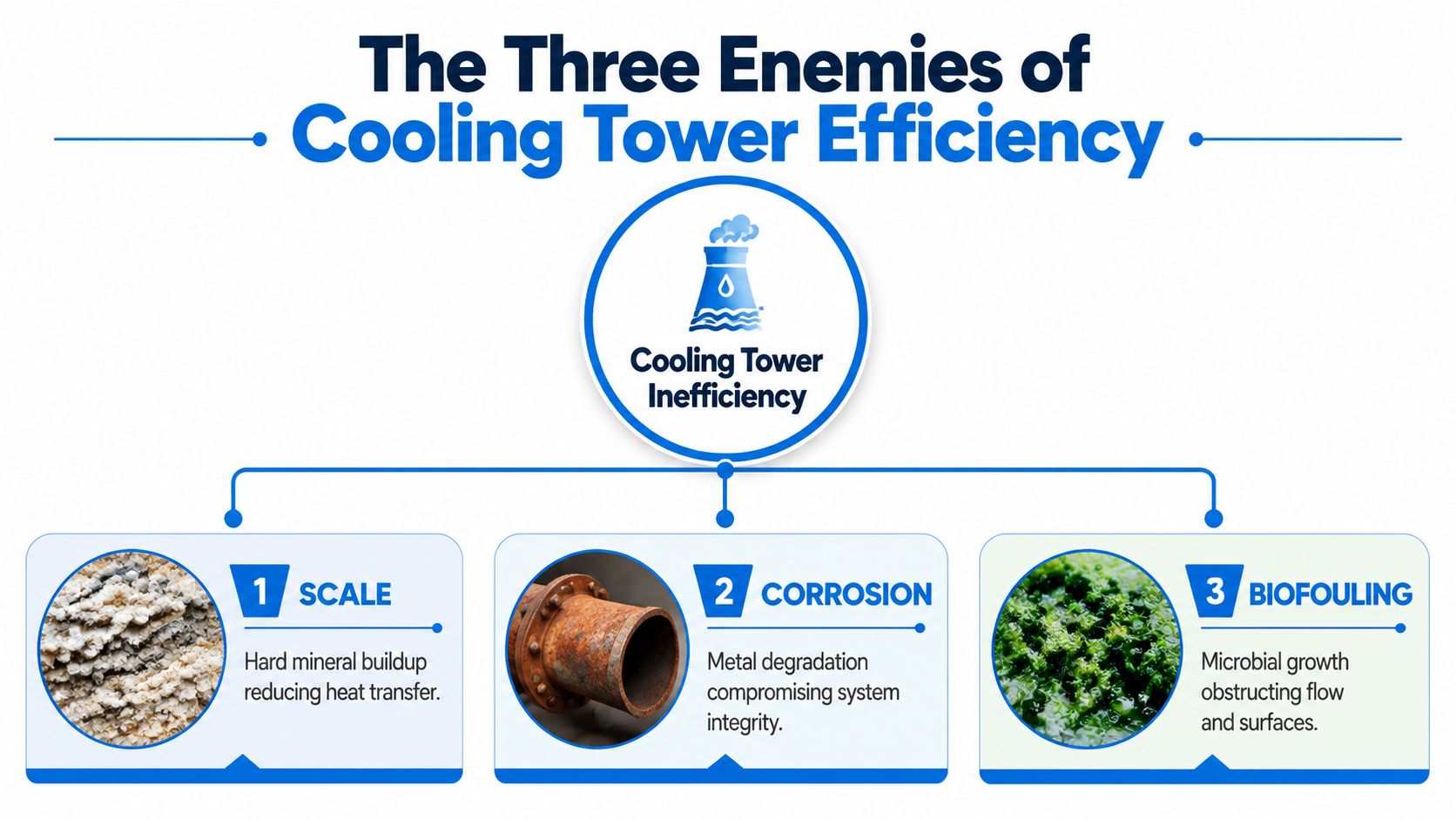 A diagram illustrating the three main causes of cooling tower inefficiency: scale, corrosion, and biofouling.
