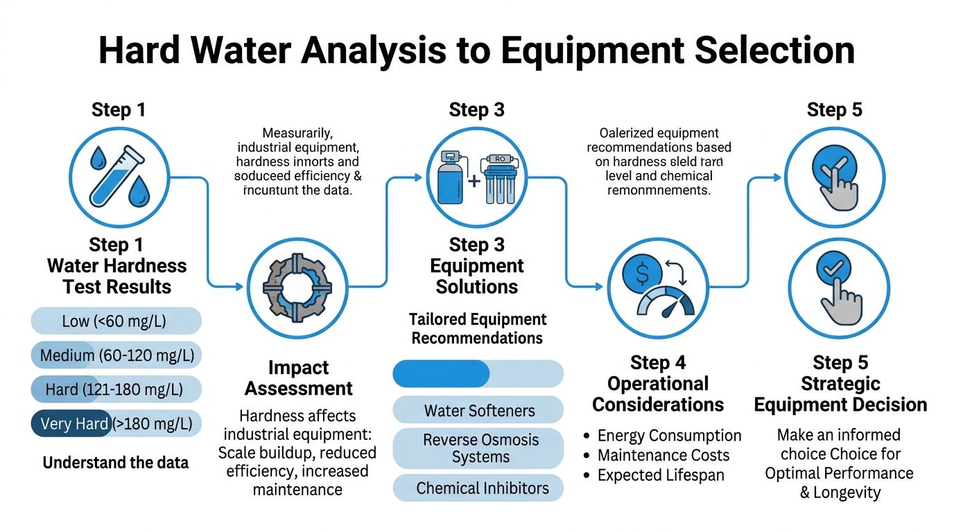 A flowchart showing the five-step process for selecting industrial water treatment equipment based on water hardness analysis results.