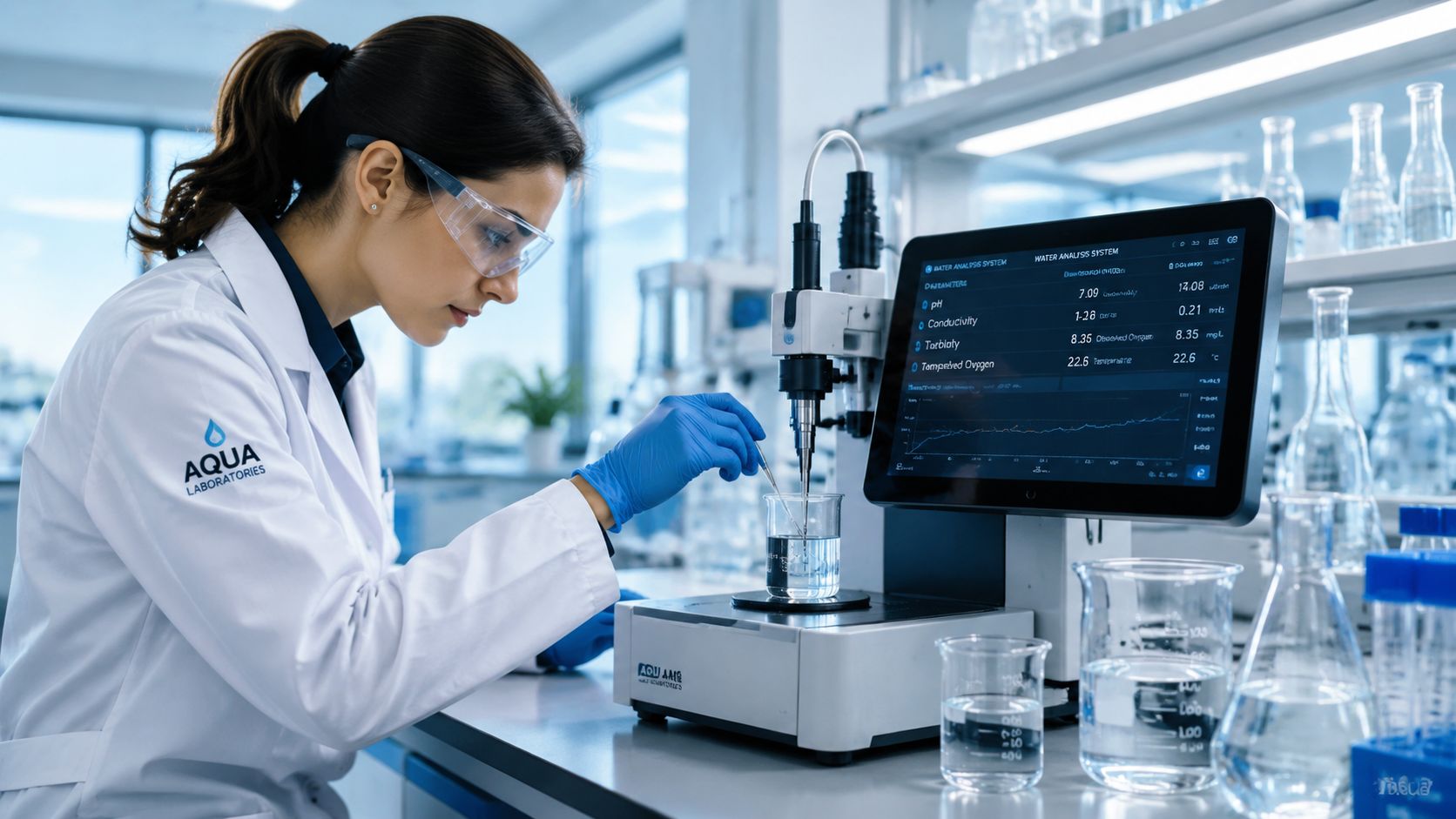 A female laboratory scientist performing a hard water test using a digital analysis machine in a laboratory.