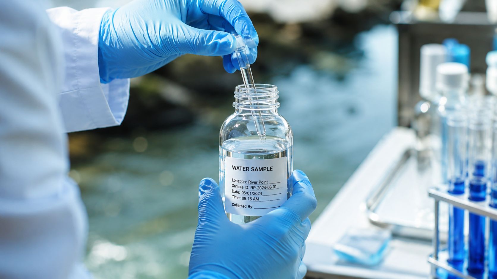 A scientist in a white coat and blue gloves testing a water sample in a laboratory.