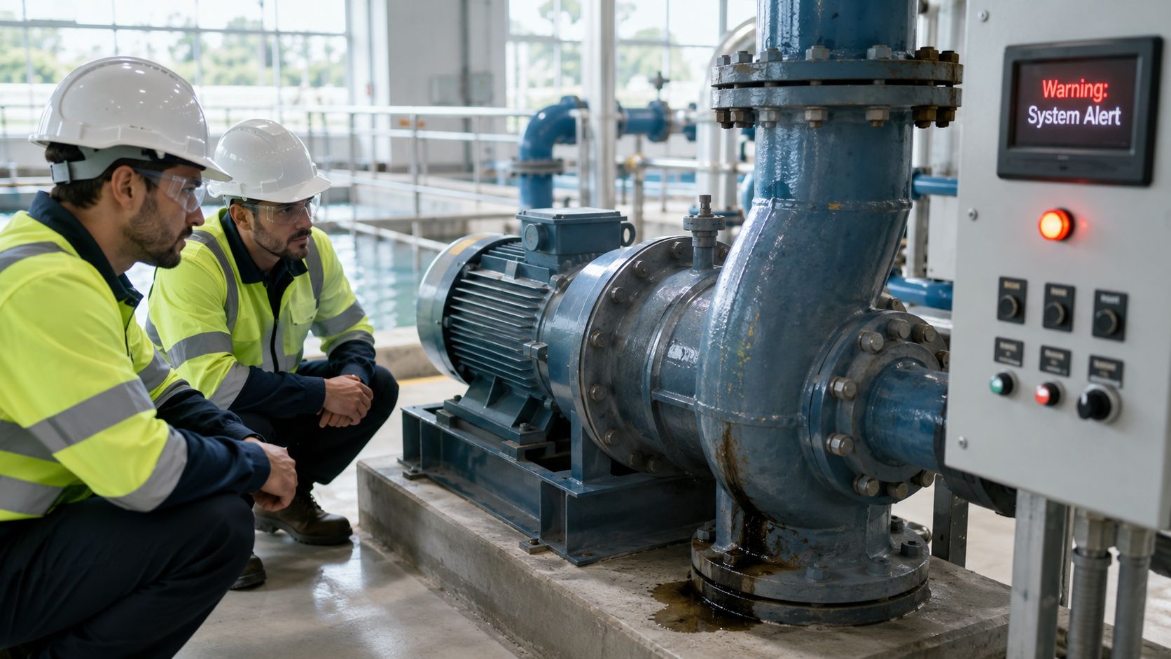 Two engineers in safety gear inspecting a malfunctioning industrial water pump in a facility.