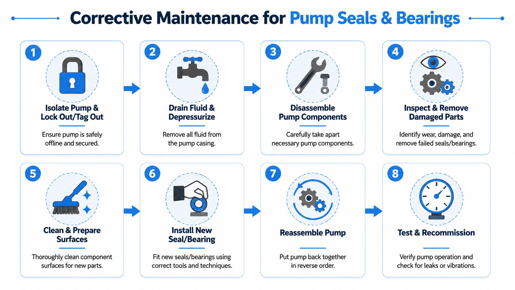 An eight-step infographic illustrating the corrective maintenance procedure for industrial pump seals and bearings safely.