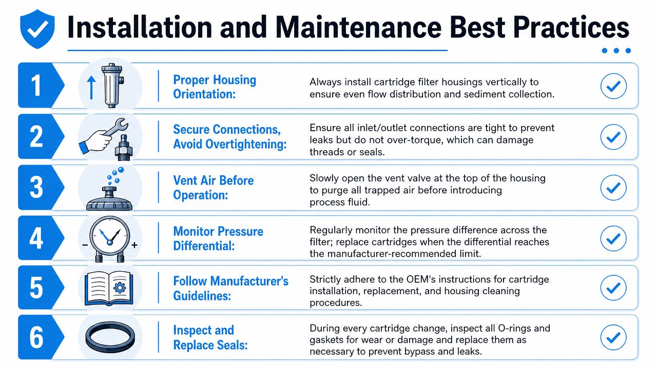 A six-point infographic illustrating essential installation and maintenance best practices for industrial cartridge filter housings.