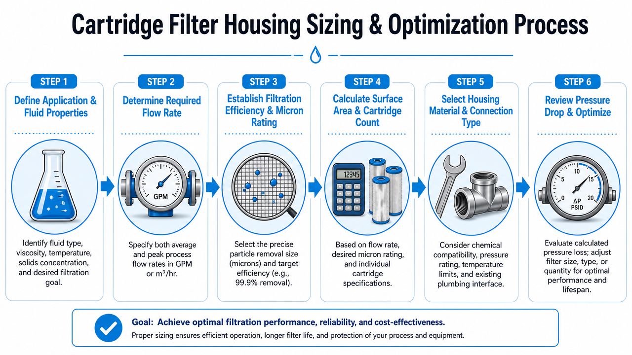 A six-step infographic detailing the systematic process for sizing and optimizing industrial cartridge filter housings.