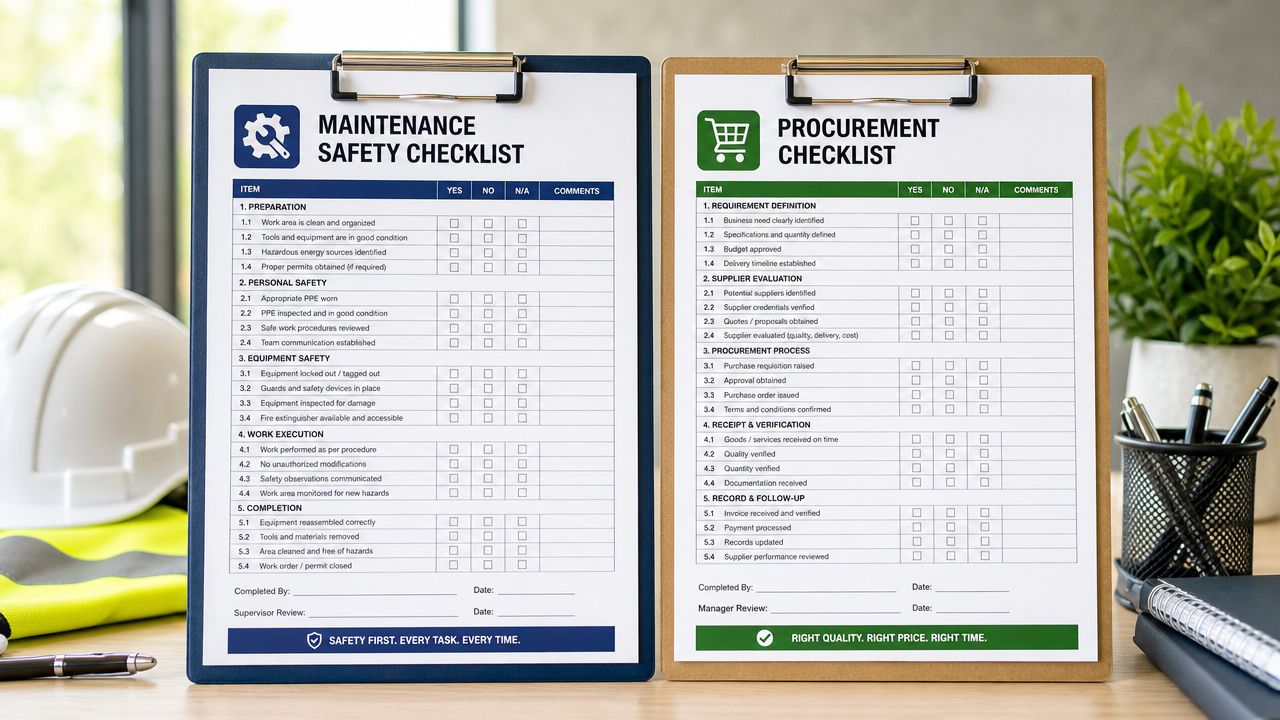 Two clipboards showing Maintenance Safety Checklist and Procurement Checklist placed on a desk next to a helmet.