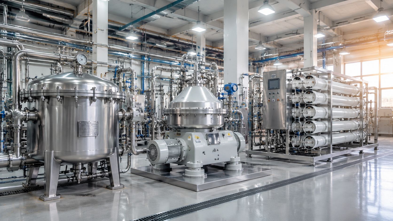 A modern industrial filtration system with stainless steel tanks and cylindrical water treatment modules in a factory.