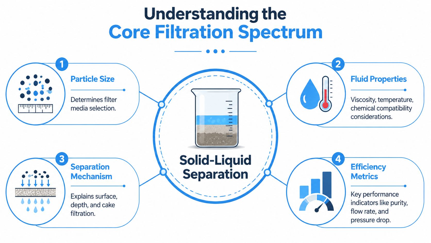 An infographic diagram explaining the core concepts of solid-liquid separation in industrial filtration processes.