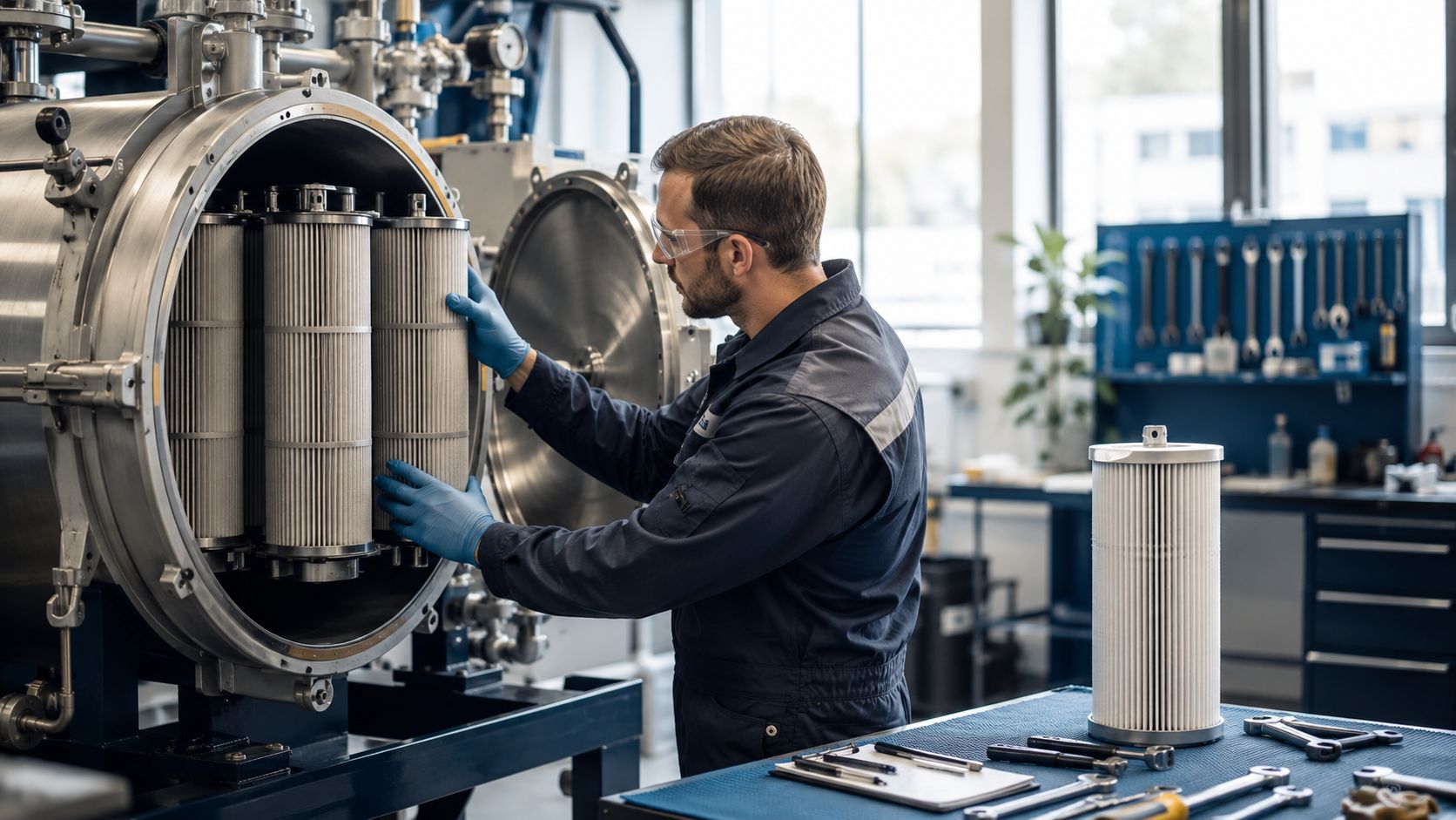 A technician wearing blue gloves inspects the cylindrical filters inside a large industrial filtration machine.