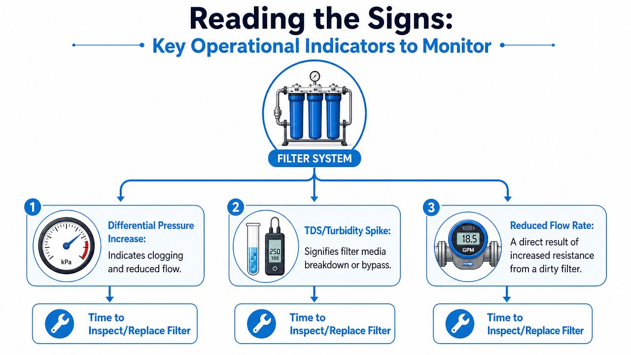 A diagnostic infographic illustrating three key operational indicators to monitor for determining when to change water filters.