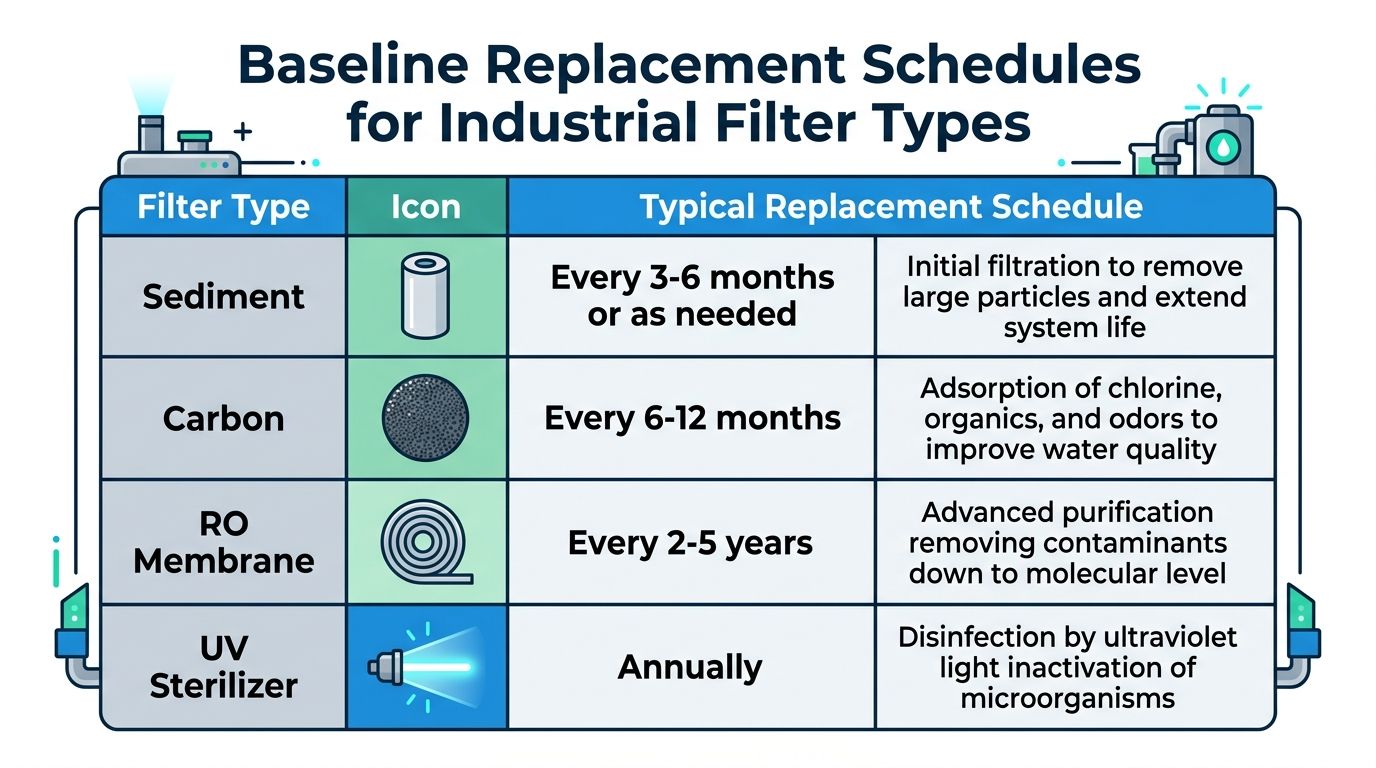 A chart detailing the recommended replacement schedules for various industrial water filter types including sediment, carbon, and UV.