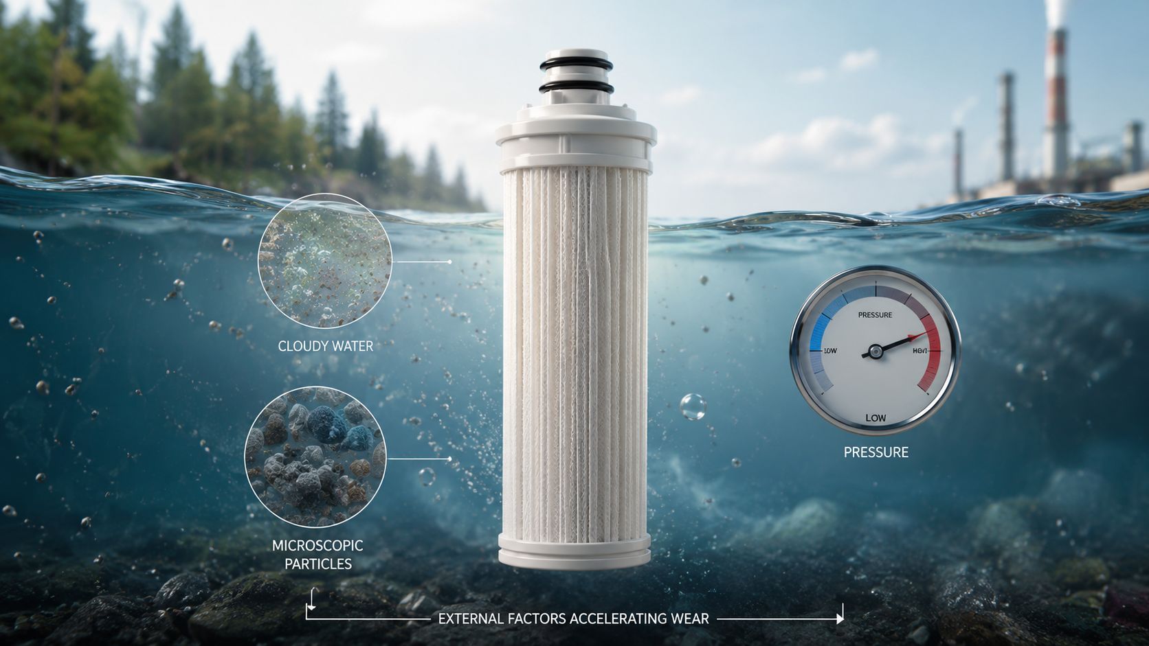 A water filter cartridge submerged in water illustrating factors like pressure and particles that cause filter wear.