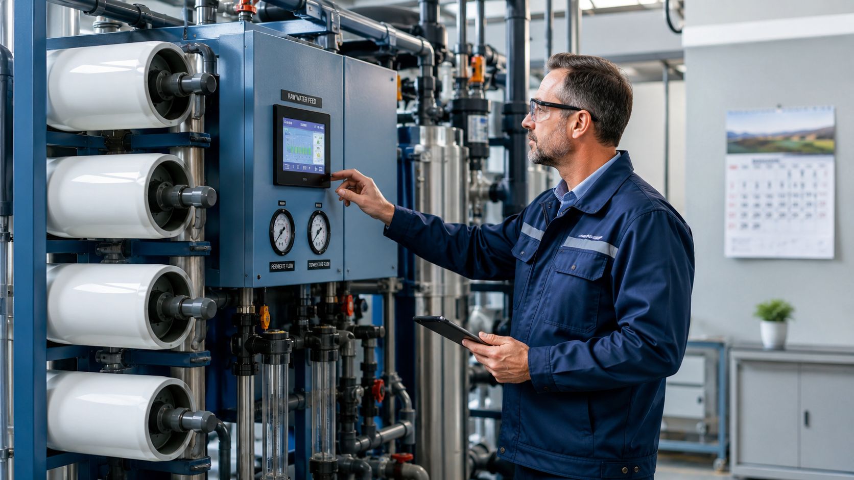 A professional technician monitoring a modern industrial water filtration system with a digital touch control panel.