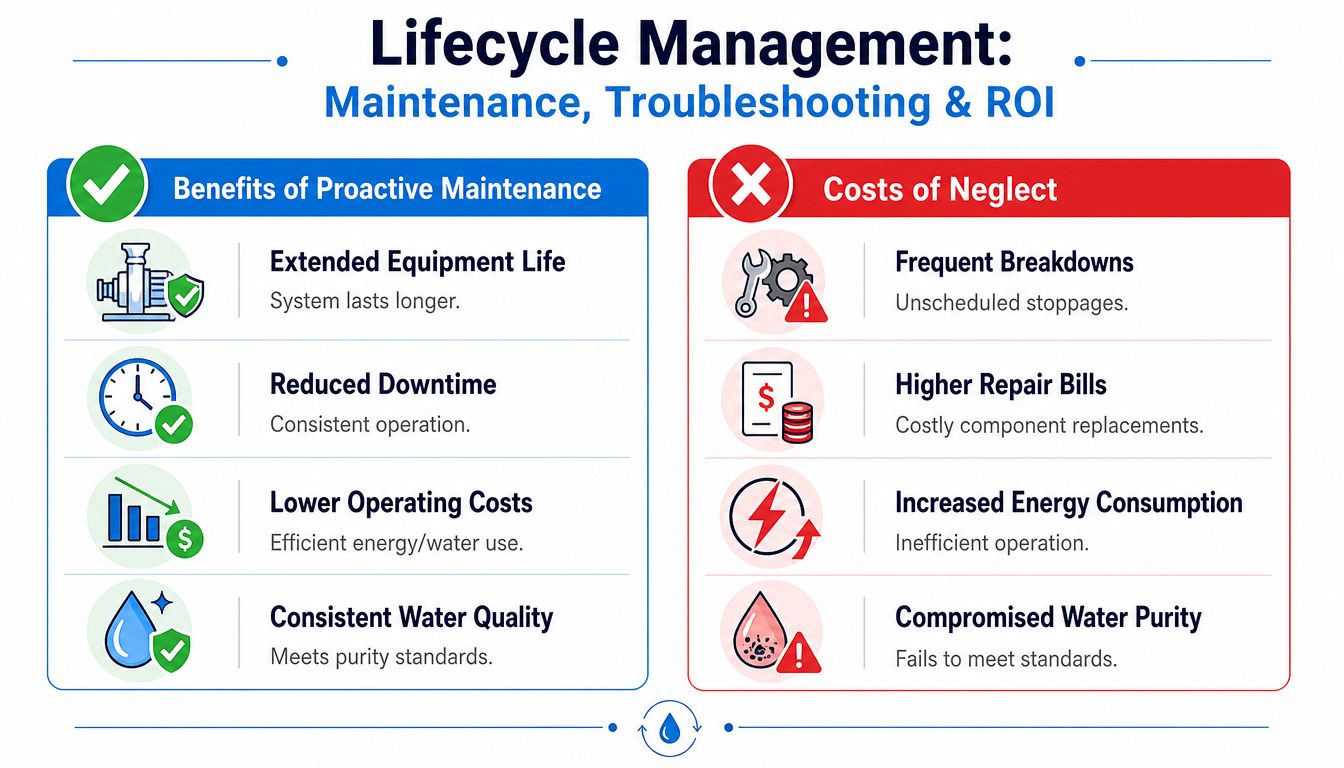 An infographic comparing the benefits of proactive maintenance versus the costs of neglecting industrial maintenance systems.
