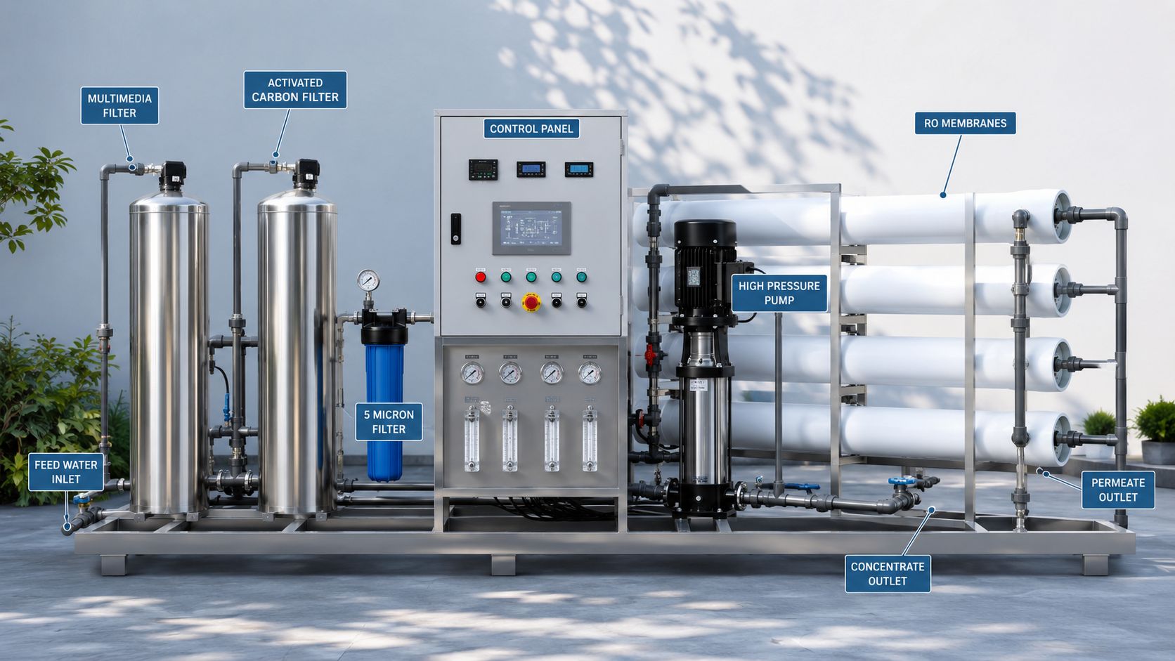 A professional industrial reverse osmosis water purification system with labeled components and a control panel.