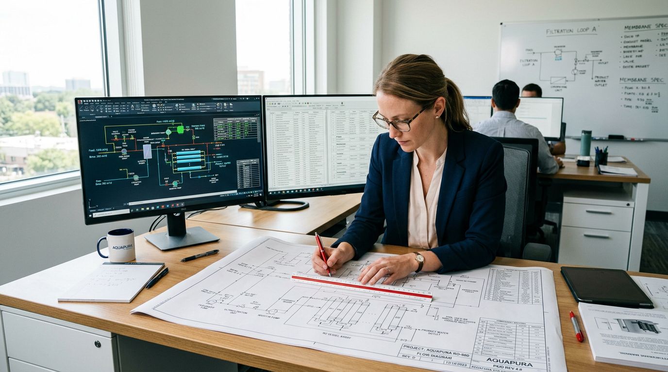 A professional engineer in an office reviewing industrial water filtration system schematics on her desk.