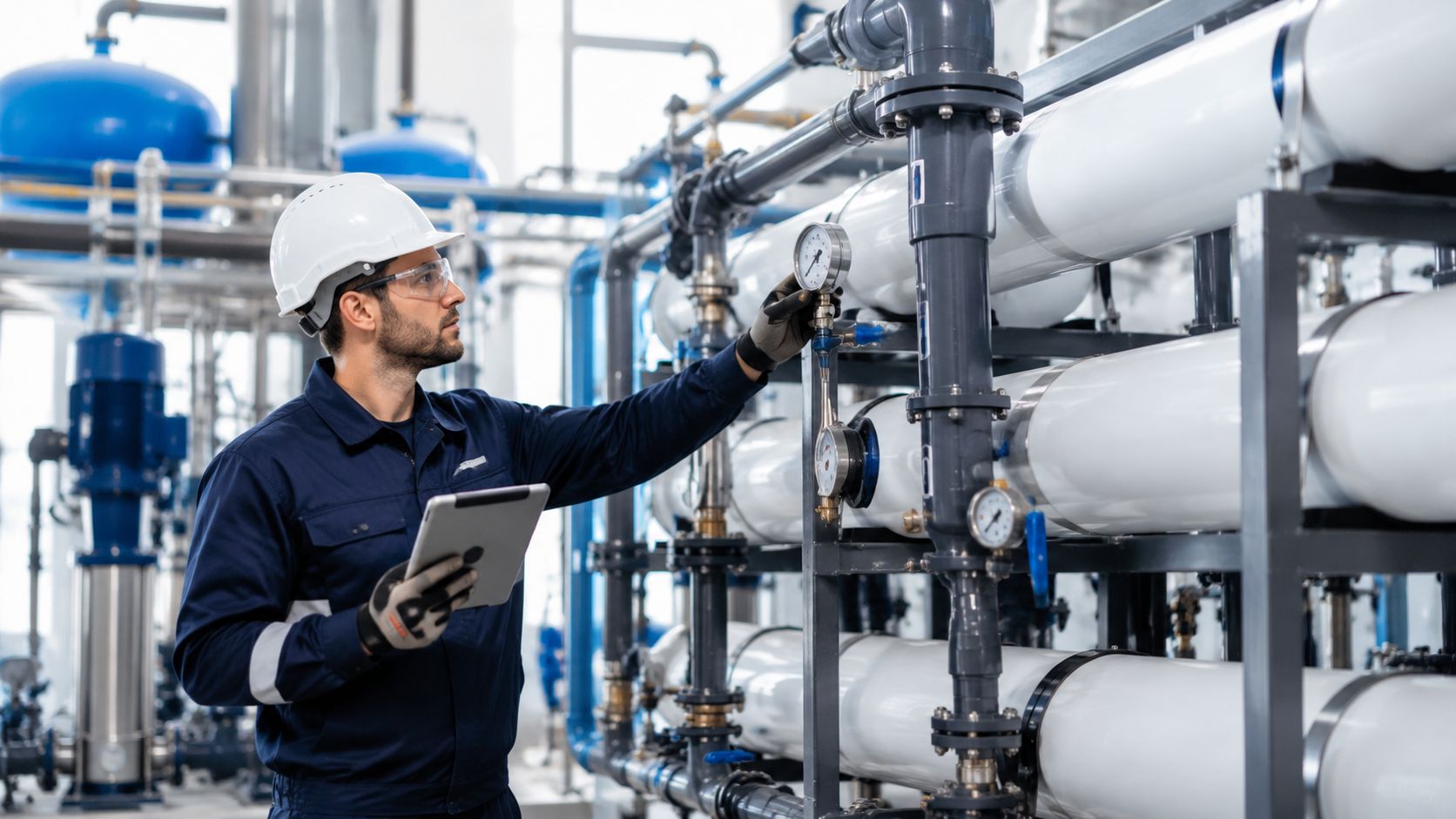 A professional technician wearing a hard hat and safety glasses inspecting an industrial water filtration system.
