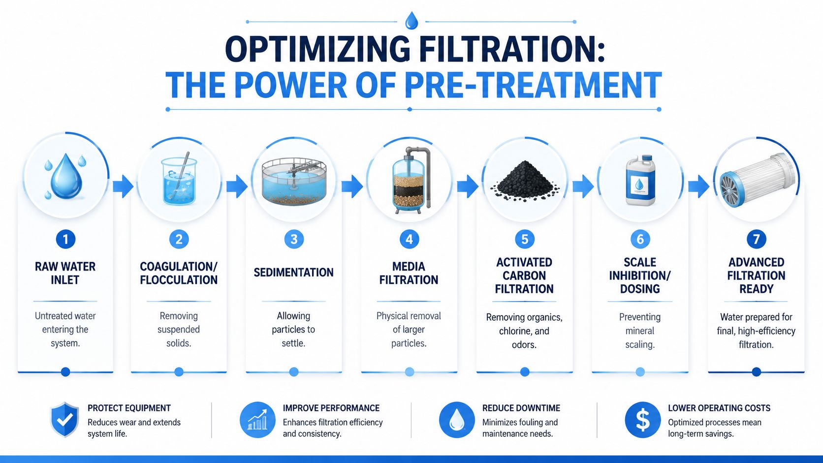 A diagram illustrating the seven stages of an industrial water pre-treatment process for optimizing water filtration systems.