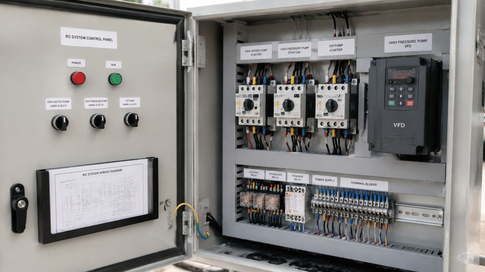An open electrical control panel for a reverse osmosis water treatment system with labels and wiring.