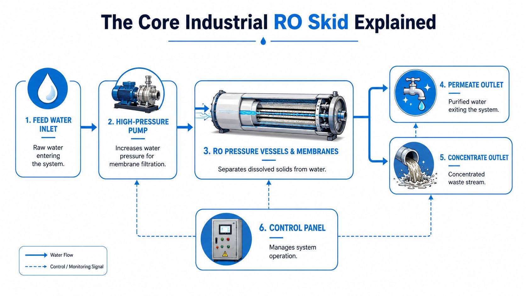 A diagram illustrating the industrial reverse osmosis skid process with key components labeled from inlet to outlet.