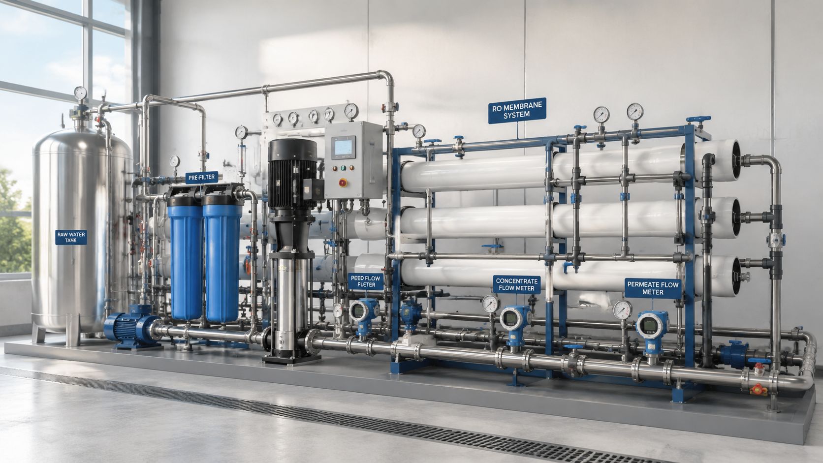 A large industrial reverse osmosis water purification system with a tank, filters, pump, and flow meters installed.