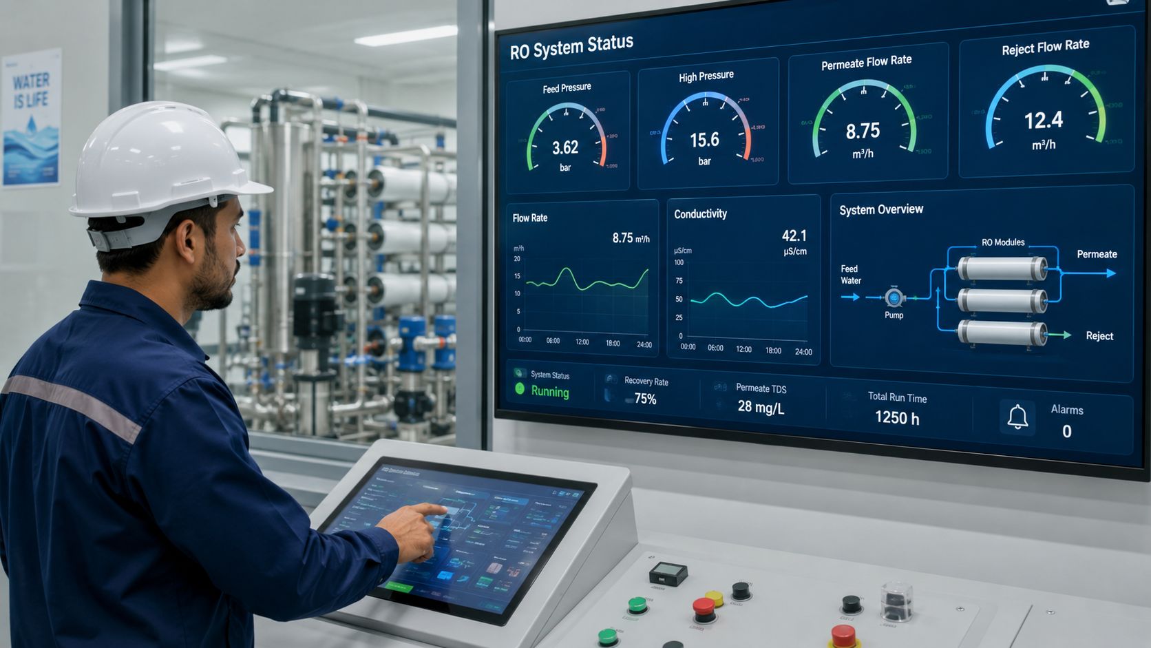 A technician monitors a reverse osmosis system using a digital control panel with real-time performance metrics.