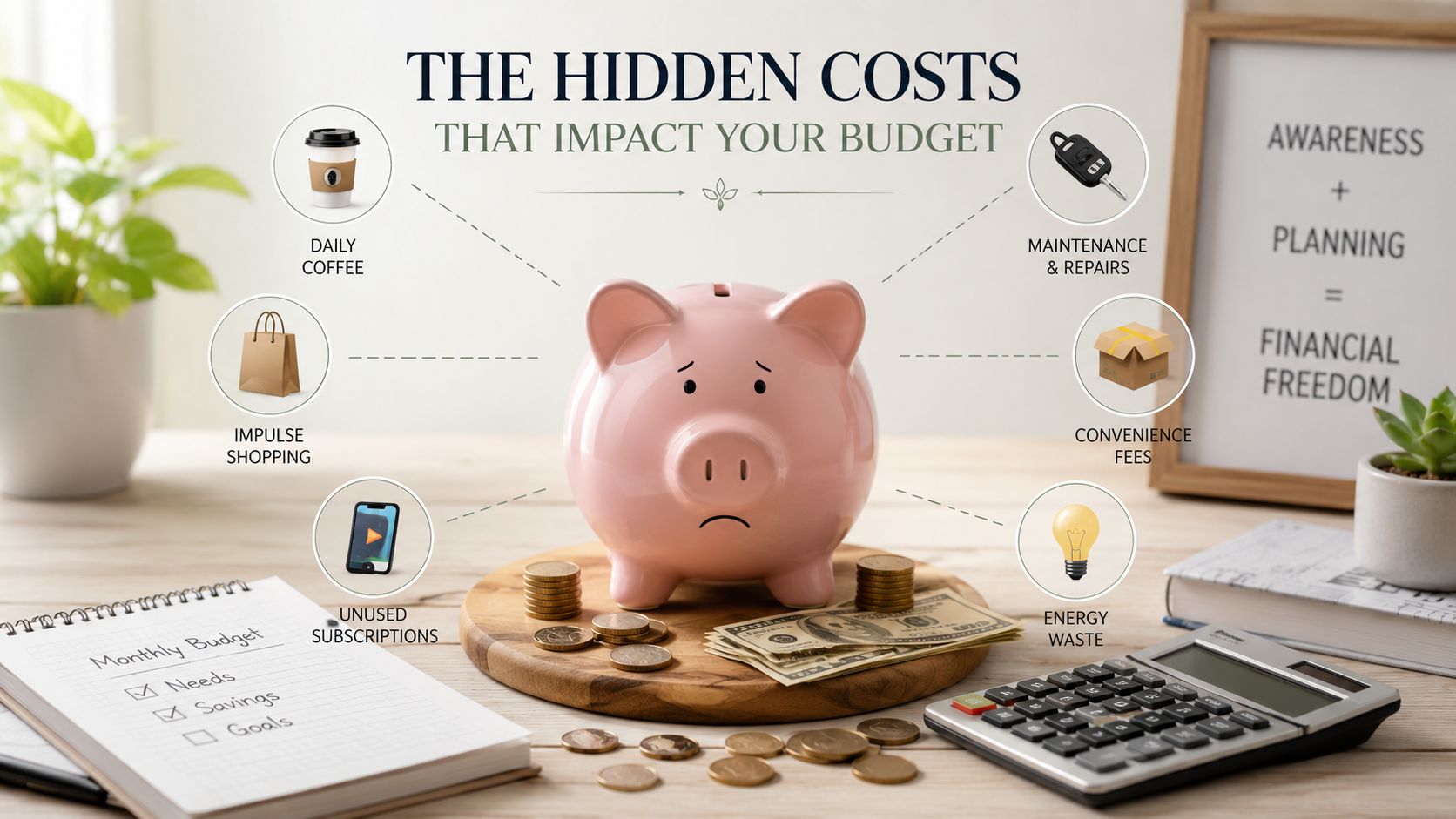 A piggy bank sitting on a table surrounded by icons representing various hidden daily costs.