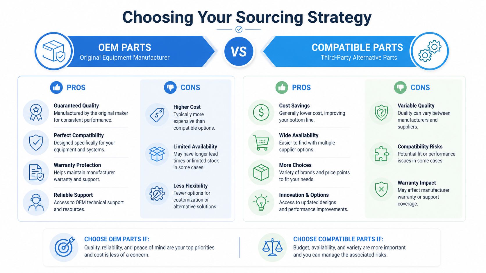 A comparison chart outlining the pros and cons of choosing between OEM parts and compatible parts.