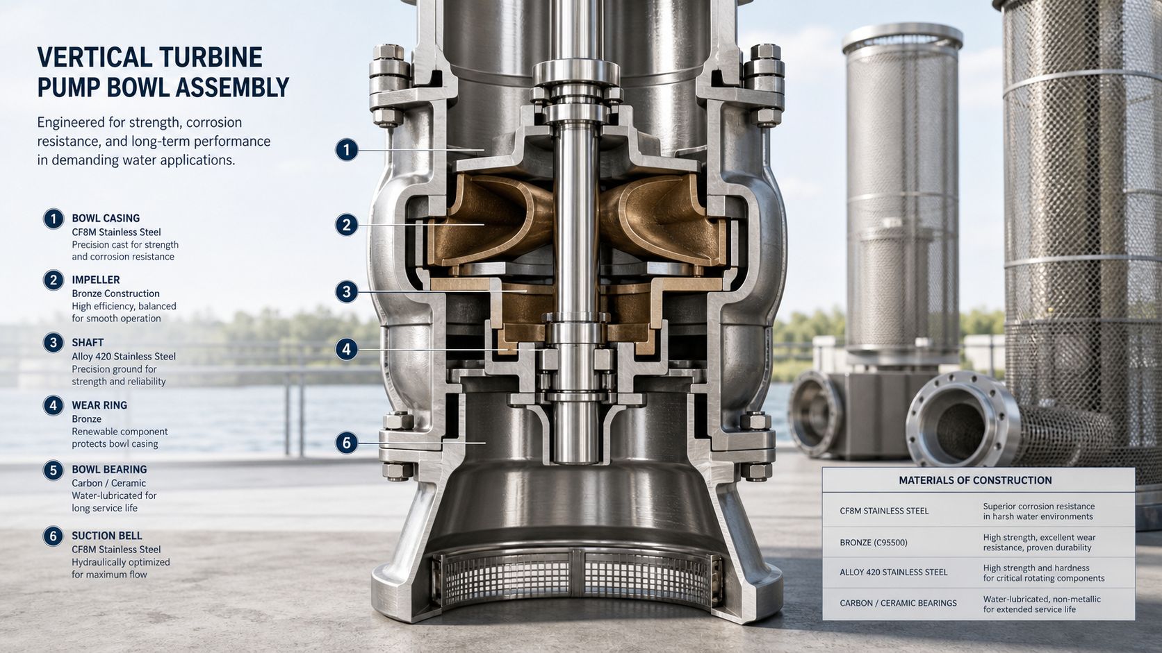 A cutaway illustration of a vertical turbine pump bowl assembly highlighting its core components and construction materials.