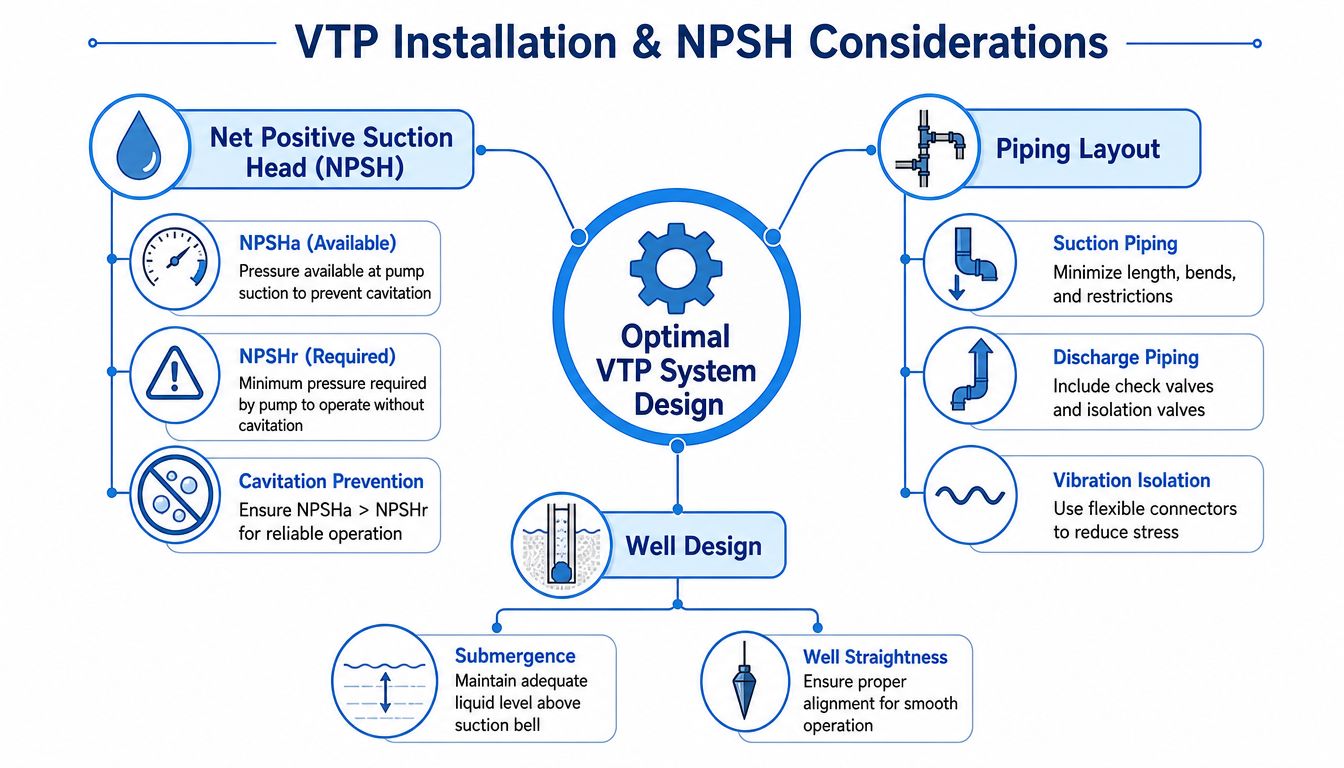 A diagram outlining key installation and NPSH considerations for optimal vertical turbine pump system design and maintenance.